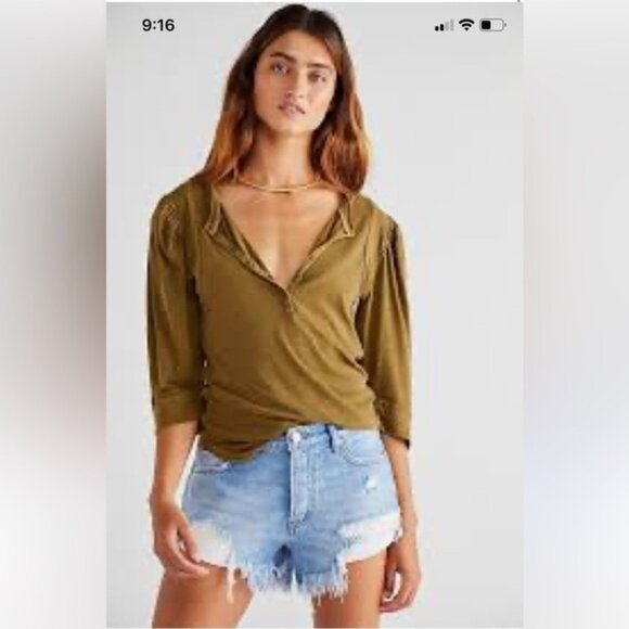 We the free snow drop Henley in olive green short sleeve cotton Medium - Picture 3 of 10